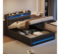 Cama tapizada Flieks de 140x200 cm con función de carga (USB y enchufe), cama con espacio de almacenamiento, tipo boxspring, cama juvenil, cama doble con LED, lino, color gris