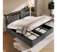 Cama tapizada Flieks de 140x200 cm con puertos USB y enchufes, cama boxspring de matrimonio con espacio de almacenamiento, cama con espacio de almacenamiento para jóvenes con somier, color gris, mater