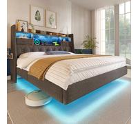 Cama tapizada Flieks de 140x200 cm con puertos USB y Type-C, cama doble para jóvenes con detalles en cuero, estructura de madera con espacio de almacenamiento, estantes y cajones, color gris