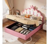 Cama tapizada Flieks de 140x200 cm con somier, cama infantil con cabecero en forma de corona, cama juvenil de matrimonio con detalles en cuero, cama con almacenamiento hidráulico, fabricada en PU