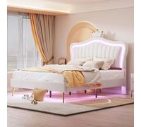 Cama tapizada Flieks de 140x200 cm con somier, cama juvenil para niños con detalles de cuero, cama doble con diseño de corona, cama de madera, estilo clásico, material: PU, color: blanco