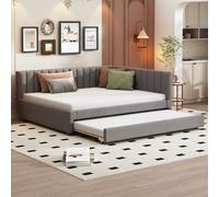 Cama tapizada Flieks de 140x200 cm con somier, sofá cama tipo chaise longue con cama extraíble, cama doble, cama para invitados, chaise longue, cama juvenil, sofá cama, terciopelo, gris