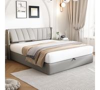Cama tapizada Flieks de 140x200 cm con USB, cama con espacio de almacenamiento, cama doble con somier y cabecero ajustable, cama tipo boxspring para jóvenes con LED, tapizada en PU, color gris