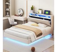 Cama tapizada Flieks de 140x200 cm con USB, cama juvenil de matrimonio con LED, cama con espacio de almacenamiento, cabecero con almacenamiento, lino, color beige