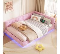 Cama tapizada Flieks de 140x200 cm con USB, sofá cama con somier, cama nido/sofá cama con LED, cama de invitados, sofá cama, doble, terciopelo, rosa
