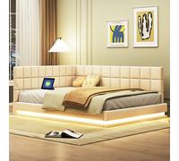 Cama tapizada Flieks de 140x200 cm con USB y LED, sofá cama tipo chaise longue con somier, cama doble, cama juvenil, cama de invitados, sofá cama multifuncional, color lino, color beige