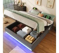 Cama tapizada Flieks de 140x200 cm sin cabecero, cama juvenil tipo boxspring con tapizado de cuero sintético y función de almacenamiento, cama doble con espacio de almacenamiento, lino, color gris