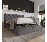 Cama tapizada Flieks de 160x200 cm, base con sistema hidráulico, con cajón, estructura de cama y somier, cama con almacenamiento, funcional, de algodón, color gris