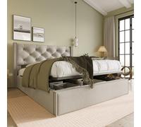 Cama tapizada Flieks de 160x200 cm con somier, cama box con sistema hidráulico y espacio de almacenamiento, cama doble con estructura y espacio de almacenamiento, cama multifuncional, color gris claro