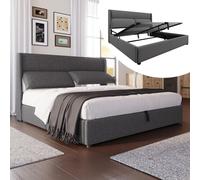 Cama tapizada Flieks de 160x200 cm con somier, cama con base de muelles y cabecero ajustable, cama doble con espacio de almacenamiento, cama juvenil con espacio de almacenamiento, lino, gris