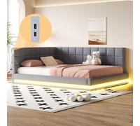 Cama tapizada Flieks de 160x200 cm con USB y LED, sofá cama tipo chaise longue con somier, cama doble, cama juvenil, cama de invitados, sofá cama multifuncional, color gris, material: lino