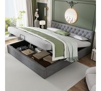 Cama tapizada Flieks de 180x200 cm, cama con espacio de almacenamiento, tipo boxspring con espacio de almacenamiento y somier, tapizada en terciopelo, estructura de madera, cama doble funcional, color