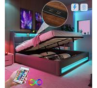 Cama tapizada Flieks de 180x200 cm con USB, cama juvenil de matrimonio con somier y espacio de almacenamiento, cama con espacio de almacenamiento y luces LED, color gris, material: lino