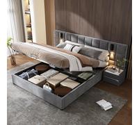 Cama tapizada Flieks de 180x200 cm con USB y lámpara de lectura, cama con somier, cama doble con espacio de almacenamiento, cama con espacio de almacenamiento, tapizada en terciopelo, color gris