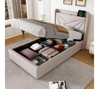 Cama tapizada Flieks de 90x200 cm con puertos USB y Tipo-C, cama con somier, cama con espacio de almacenamiento, cama juvenil, cama individual con espacio de almacenamiento, color lino, color beige