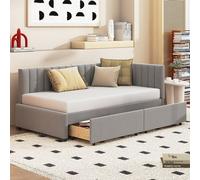 Cama tapizada Flieks de 90x200 cm con somier, sofá cama tipo chaise longue con 2 cajones, cama individual, cama para invitados, sofá cama, ideal para adolescentes, tapizada en terciopelo, color gris