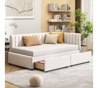 Cama tapizada Flieks de 90x200 cm con somier, sofá cama tipo chaise longue con 2 cajones, cama individual, cama para invitados, sofá cama, ideal para adolescentes, tapizada en terciopelo, color beige