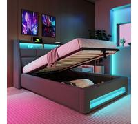 Cama tapizada Flieks de 90x200 cm con USB, cama juvenil individual con somier y espacio de almacenamiento, cama con espacio de almacenamiento y luces LED, color gris, material: lino