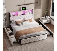 Cama tapizada Fortuna Lai, 140x200 cm, cama doble con LED y puerto USB tipo C, cama con somier y 4 cajones, cama con espacio de almacenamiento tapizada en terciopelo color beige, cama de diseño modern