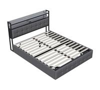 Cama tapizada gris 140x190 cm con canapé abatible, cabecera LED, enchufe europeo y USB/Type-C