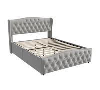 Cama tapizada gris 140x190 cm con canapé abatible, cabecero con tachuelas, diseño capitoné y estructura estable