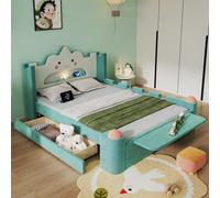 Cama tapizada individual Zerbaco, 140x200 cm, con lámpara de lectura LED, puerto USB, cajón de almacenamiento, superficie abatible, barandilla de seguridad y funda de terciopelo, color azul verdoso