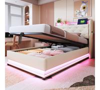 Cama tapizada individual Zerbaco, 90x200 cm, con espacio de almacenamiento hidráulico, cabecero abatible, iluminación LED, puertos USB y Type-C, tapizada en tela de lino color beige