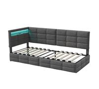 Cama tapizada L 90x200 cm con cabecero esquinero acolchado en tela gris, iluminación LED inteligente, puerto USB y cajón inferior para dormitorio juvenil moderno Gray 90x200