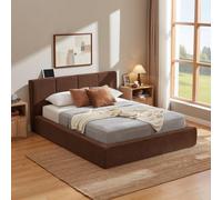 Cama tapizada LVHOM de 140x200 cm, con tela de chenilla, estructura de somier de metal y cabecero, cama doble moderna para jóvenes, plegable, color marrón
