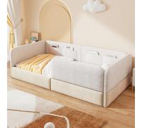 Cama tapizada Merax de 90x200 cm, plataforma acolchada con barandilla de protección, 4 bolsillos de almacenamiento, lino + PU, cama infantil para habitación de niños, color blanco