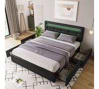 Cama tapizada modelo Flieks con iluminación LED y cabecero regulable en altura. Cama de matrimonio con estructura de láminas y 4 cajones. Juego de sábanas de 140x200 cm