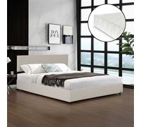 Cama tapizada modelo 'Juva', cama doble con colchón, cajón para ropa de cama y somier abatible, dimensiones 180 x 200 cm, color beige