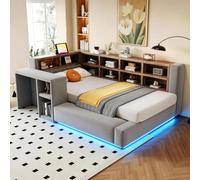 Cama tapizada MODFU de 90x200 con luces LED y enchufes, cama acolchada para jóvenes con cabecero que ofrece espacio de almacenamiento y una mesita de noche integrada, cama moderna y funcional sin colc