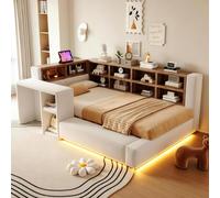 Cama tapizada MODFU de 90x200 con luces LED y enchufes. Cama acolchada para jóvenes con cabecero que ofrece espacio de almacenamiento y una mesita de noche integrada. Cama moderna y funcional, sin col