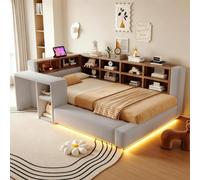 Cama tapizada MODFU de 90x200 con luces LED y enchufes, cama acolchada para jóvenes con cabecero que ofrece espacio de almacenamiento y una mesita de noche integrada, cama moderna y funcional sin colc