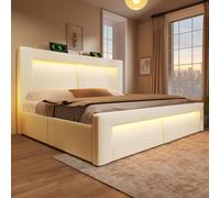 Cama tapizada okwish de 140x200, cama doble con lámpara LED y control mediante aplicación, cama juvenil, cama multifuncional con puertos de carga USB y Type-C, cama con sistema hidráulico y espacio de
