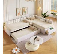 Cama tapizada okwish de 90x200 cm con cajones y cama abatible, cama infantil con espacio de almacenamiento, cama doble de diseño en forma de L, color beige, sin colchón