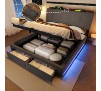 Cama tapizada STILVORA de 140x200 cm con espacio de almacenamiento hidráulico e iluminación LED, cama doble con función de carga USB Type-C y control mediante aplicación, cama con espacio de almacenam