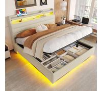 Cama tapizada STILVORA de 140x200 cm con iluminación LED, cama con espacio de almacenamiento que incluye un compartimento y estantes para objetos, cama doble con puertos USB y tipo-C, mecanismo hidráu