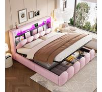 Cama tapizada STILVORA de 180x200 cm con colchón, estructura de cama con espacio de almacenamiento hidráulico y espacio de almacenamiento en la cabecera, cama doble con puertos USB/Tipo-C y luces LED,