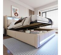 Cama tapizada STILVORA de 180x200 con cajón, cama con somier, iluminación LED y toma de corriente USB, estructura de cama sin colchón, tela de lino, color beige