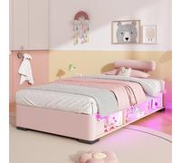 Cama tapizada STILVORA de 90x200 cm con estante lateral con LED y espacio de almacenamiento abierto, cama infantil con reposacabezas ajustable, cama juvenil baja para habitaciones infantiles