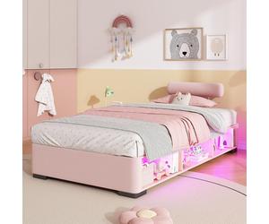 Cama tapizada STILVORA de 90x200 cm con estante lateral con LED y espacio de almacenamiento abierto, cama infantil con reposacabezas ajustable, cama juvenil baja para habitaciones infantiles