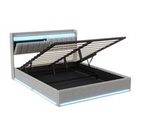 Cama tapizada Superaly de 140 x 200 cm con estación de carga y luz LED, cama juvenil, cama doble con cabecero con espacio de almacenamiento y estantes abiertos de dos niveles, cama con almacenamiento