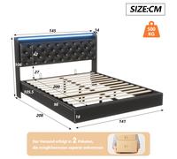 Cama tapizada Superaly negra de 140x200cm, estructura de cama doble con luz LED y puerto de carga, cabecero de PU con espacio de almacenamiento, base de metal y listón de madera, sin colchón. Black 14