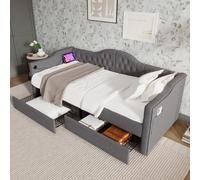 Cama tapizada tipo diván, 90x200 cm, con puertos USB/Type-C, 2 cajones, espacio de almacenamiento, sin colchón (gris)