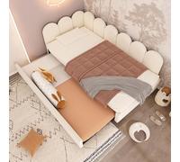Cama tapizada tipo diván, 90x200, convertible en sofá cama, con cama extraíble de 90x190, somier de láminas, tapizada en terciopelo, sin colchón. Color beige