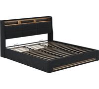 Cama tapizada Vitalispa Christin Antracita/roble 180x200 con LED y puerto USB, Model 56452