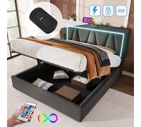 Cama tapizada Zerbaco de 160x200 cm, cama doble con iluminación LED, puertos USB tipo C e iluminación LED, cama con espacio de almacenamiento, fabricada en lino, con somier, color gris, sin colchón