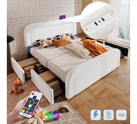 Cama tapizada Zerbaco de 160x200 cm, cama doble con puerto USB tipo C, iluminación LED y 4 cajones, cabecero ajustable en altura, somier de láminas de madera, color blanco, tapizada en tejido Sherpa, 